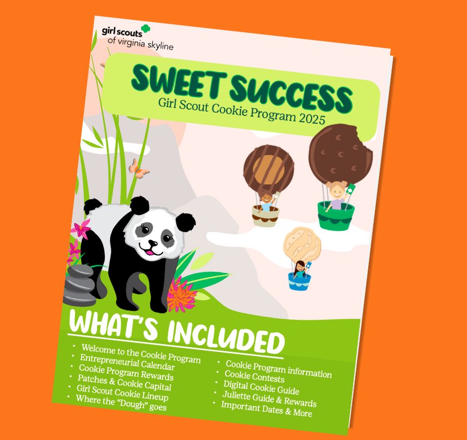 Sweet Success Cookie Program Book. A orange background with a image of the Sweet Success Book. Featuring a Panda as the mascot. The Theme Embrace Possibility..