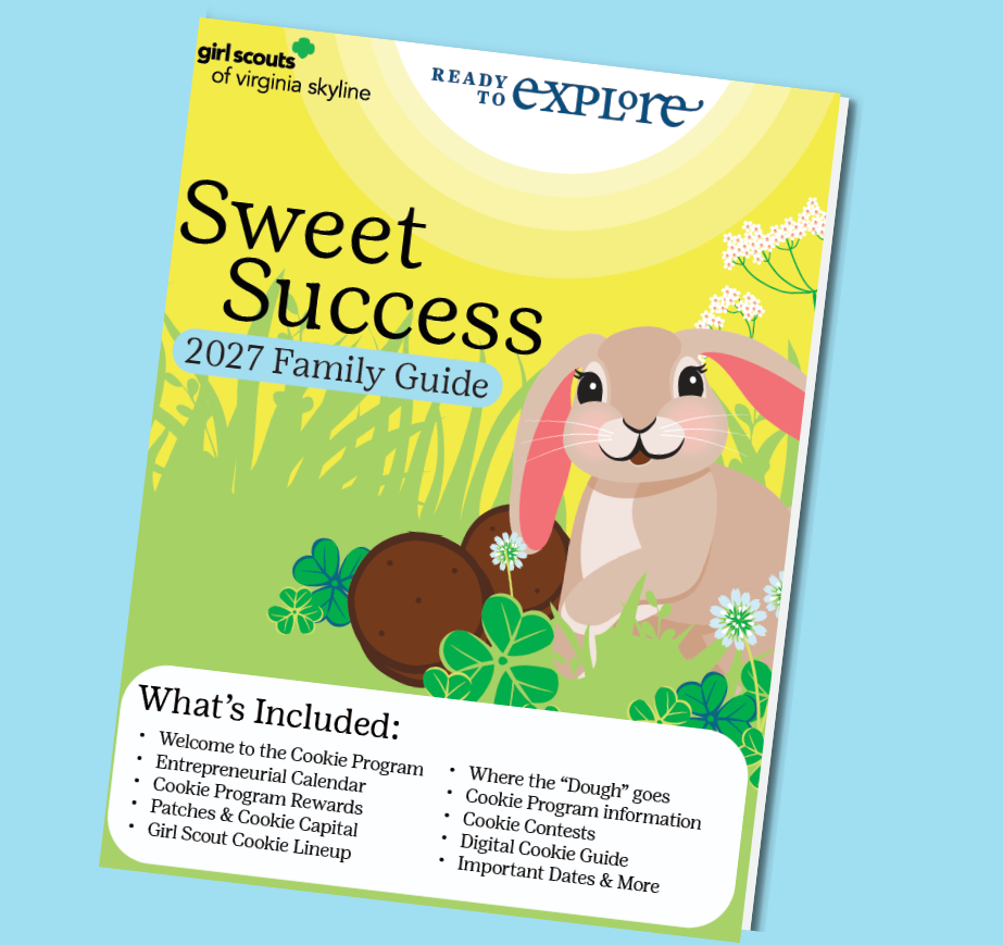 A cheerful cartoon long eared bunny sits among clovers and flowers in a bright grassy field under a sunny sky. Text reads Ready to Explore.