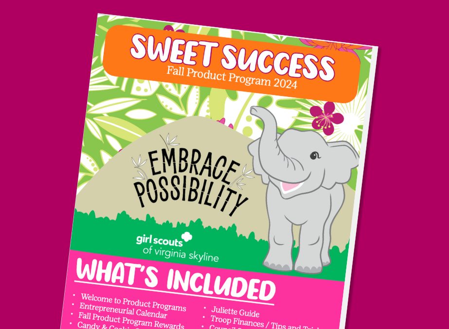 Sweet Success Program Book. A maroon background with a image of the Sweet Success Book. Featuring an Elephant and the theme Embrace Possibility..