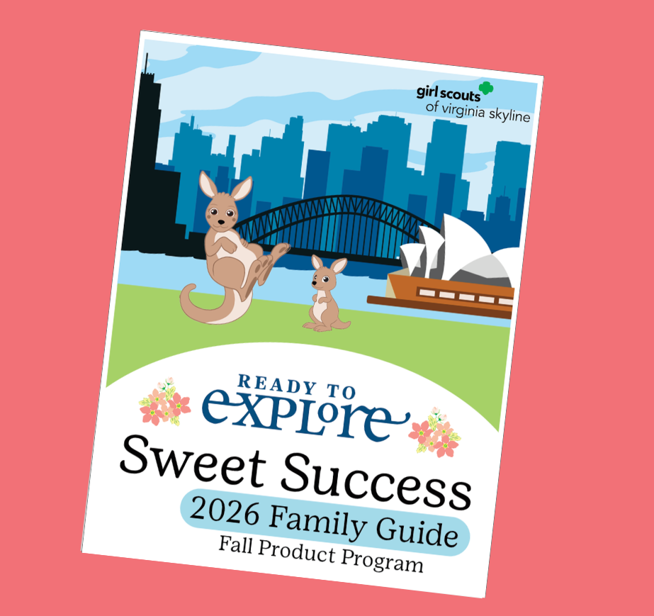 Sweet Success Program Book. A coral pink background with an image of the front cover of the book. A Kangaroo in front of the Sydney Harbor.